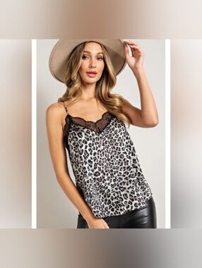 NWT Lace Trim Leopard Print Cami Top - Black/Gray